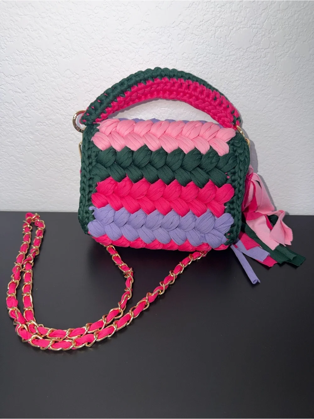 Brand New Handwoven Pink Crochet Crossbody Bag